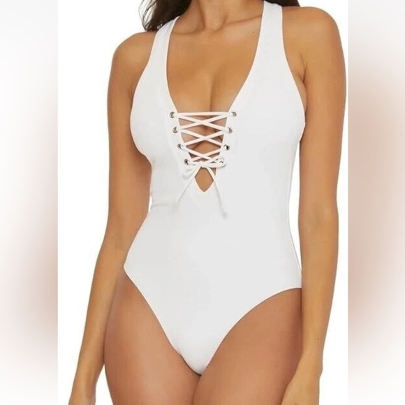 Becca White ribbed cross front one piece swimsuit - Picture 1 of 5